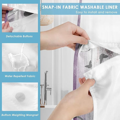 No Hook Purple Flower Shower Curtain with Snap in Fabric Liner Set, Rustic Farmhouse Daisy Double Layers Waterproof Fabric with See Through Top Window Open Grommet Bath Curtain 54x80 Inch