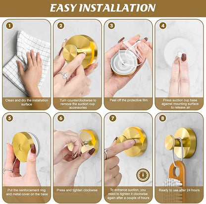 BKV Suction Cup Hooks for Glass Window,Removable Shower Hooks for Inside Shower,Metal Towel Hooks for Bathrooms,4 Pack(Gold)