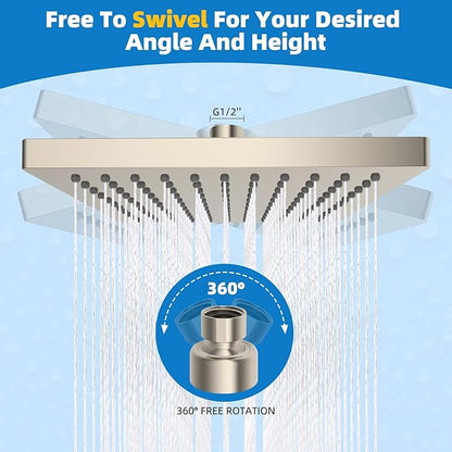 Hibbent Thickness Metal Rain Shower Head, 8 Inch High Pressure Rainfall Shower Head, Bathroom Waterfall Shower Heads, High Flow Fixed Showerheads with Adjustable Brass Ball Joint, Brushed Nickel