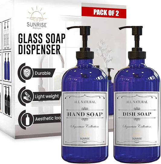 16 OZ Cobalt Blue Glass Soap Dispenser with Pump 2 Pack, Hand and Dish Soap Dispenser Set for Bathroom and Kitchen Sink with 6 Waterproof Labels