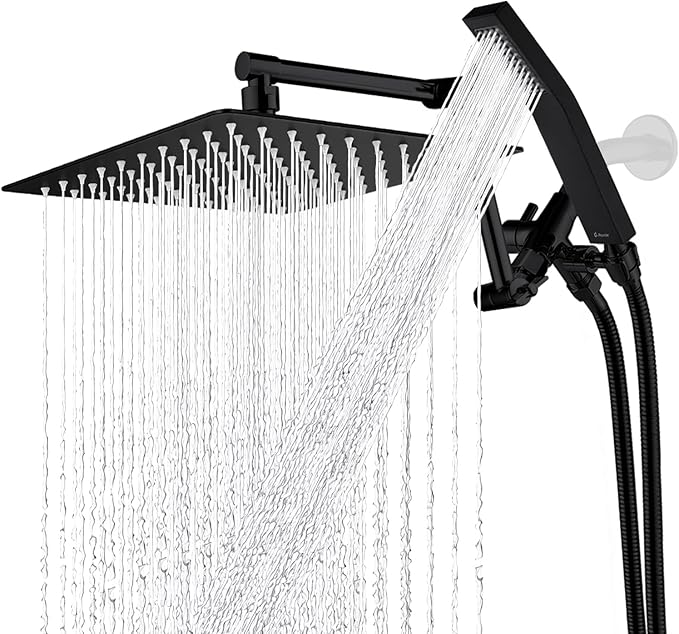 G-Promise All Metal 10 Inches Rainfall Shower Head with Handheld Spray Combo, 3 Settings Diverter, Adjustable Extension Arm with Lock Joints, 71 Inches Stainless Steel Hose (Matte Black)