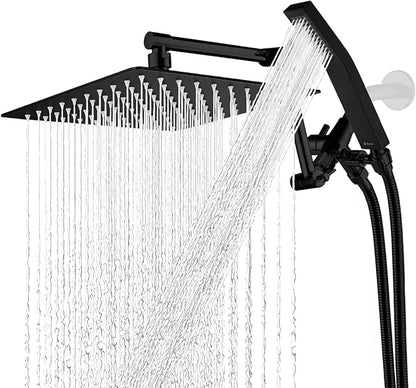 G-Promise All Metal 10 Inches Rainfall Shower Head with Handheld Spray Combo, 3 Settings Diverter, Adjustable Extension Arm with Lock Joints, 71 Inches Stainless Steel Hose (Matte Black)