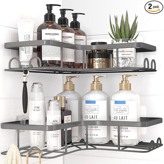 Corner Shower Caddy - 2 Pack, Adhesive Shower Organizers, Rustproof Stainless Steel Shower Shelves with 8 Hooks, No Drilling Bathroom Organizers and Storage Racks, Space-Saving, Grey, Large