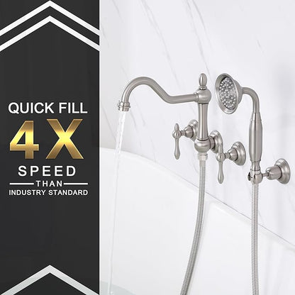 SUMERAIN Brushed Nickel Wall Mount Bathtub Faucet with Handheld Sprayer Traditional Tub Filler with Rough-in Valve