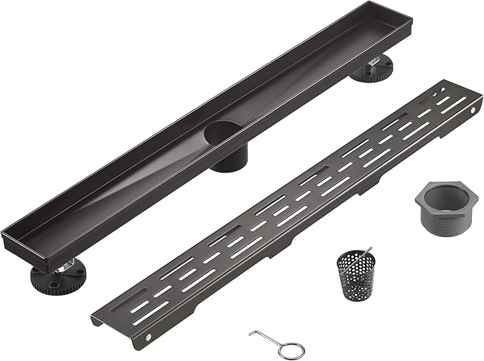 HEATGENE 28-Inch Linear Shower Drain in Venetian Bronze - Stainless Steel Rectangular Shower Floor Drain - Removable Decorative Cover - Adjustable Leveling Feet - CUPC Certified