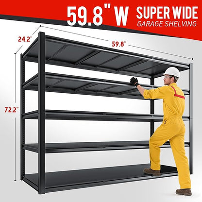 72.2" H Garage Shelving 3000LBS Metal Shelving Unit Adjustable Garage Storage Shelves 5 Tier Heavy Duty Storage Rack for Pantry, Warehouse, Industries, 59.8" W x 72.2" H x 24.2" D