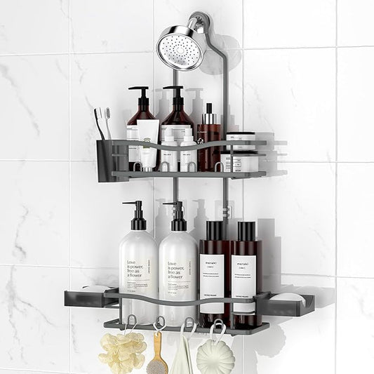 REINHARDT Shower Caddy Hanging, Rustproof Bathroom Caddy Anti-Swing Shower Organizer No Drilling Bath Racks with Soap Holder Multi Hooks Bathroom Storage for Shampoo Sponge, Grey