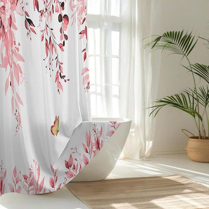 No Hook Shower Curtain and Liner Set, Pink Eucalyptus Floral Shower Curtains for Bathroom, Bath Curtain Sets with Snap in Liner, Waterproof with See Through Top Window, 71x84 Inches