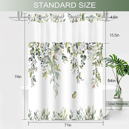 No Hook Shower Curtain and Liner Set, Sage Green Eucalyptus Floral Shower Curtains for Bathroom, Bath Curtain Sets with Snap in Liner, Waterproof with See Through Top Window, 71x74 Inches