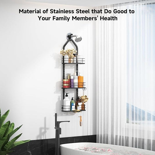 Shower Caddy Hanging (Black), Adjustable Anti-Swing-Over The Shower Head Caddy, 3 Tier Height Bathroom Storage Organizer, Bathroom Shelves Basket Rack, Shower Caddies Rack with Adjustable Soap Basket