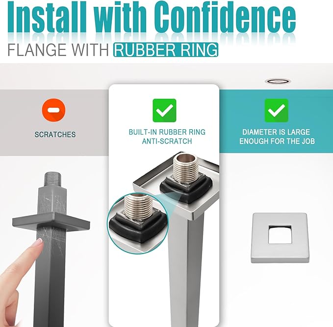 Brushed Nickel Shower Arm with Flange and Teflon Tape for High Ceiling or Fixed Rain Showerhead, Universal Connection 16-inch Square Straight Shower Head Extender Extension Pipe, 304 Stainless Steel