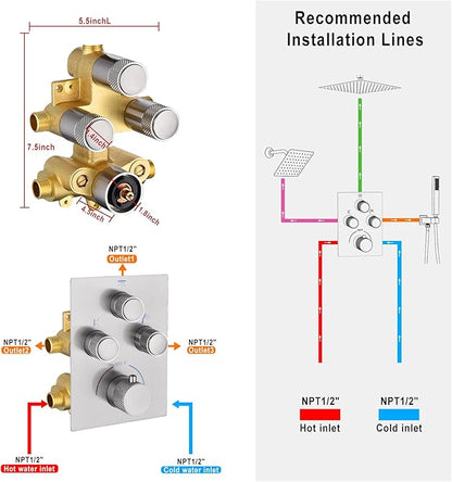 Modern Push Button 3 Way Thermostatic Shower Valve, Concealed 3 Outlet Multi Function Brass Mixer Shower Diverter Valve Kit Can Control Flow and On-Off Simultaneously, Brushed Nickel