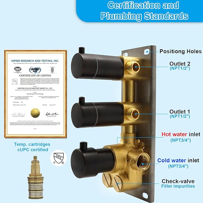 2 Way Shower Diverter Valve Brass Dual Functions Thermostatic Shower Mixing Valve Kit 3 Handle Flow Control Valve, 3/4 Inch Inlet, Can Run Simultaneously, Oil Rubbed Bronze