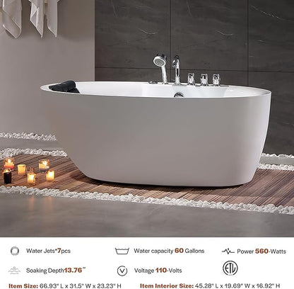 Empava 67 Inch Freestanding Whirlpool Tub -Hydromassage Gracefully Oval Shaped Stand Alone Jetted Bathtub with 7 Hydromassage Nozzles, Boat Shape, Hydromassage, Acrylic,ETL Certified