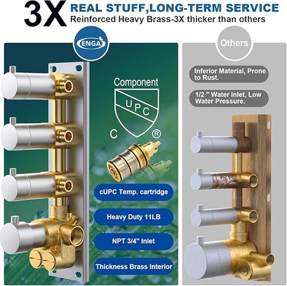 Enga Thermostatic Dual Head Shower System, 16" + 6" Dual Rainfall Shower System (Can All Run Together & Volume Adjustable) Dual Shower Head Combo Set, Brushed Nickel