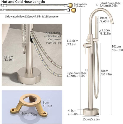 Freestanding Bathtub Faucet Waterfall Tub Filler Brushed Nickel Floor Mount Brass Single Handle Bathroom Faucets with Hand Shower (Electroplating color, Water in the side)