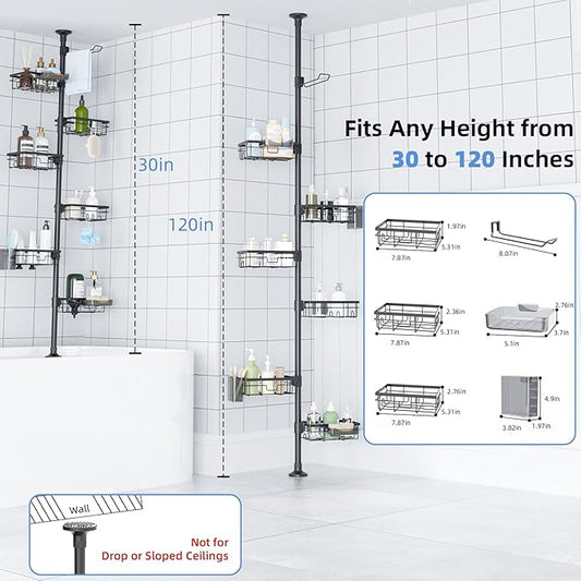 GearFusion Shower Caddy Organizer Tension Pole, Rustproof 4 Tier Corner Shower Rack with 25–114 Inch Adjustable Height for Bathroom Storage, Extra Towel Rack, Soap Dish and Toothbrush Holder, Black