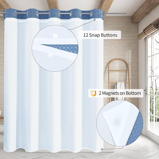 MitoVilla Blue Long Shower Curtain Liner Set 72 x 80, No Hooks Needed 80 inch Long Heavyweight Waffle Fabric Shower Curtain Set with Snap-in Liner for Hotel Grade Spa-Like Bathroom Decor