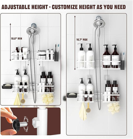 REINHARDT Adjustable Shower Caddy Hanging Rustproof Shower Caddy for Handheld Showerheads, Shower Organizer with Hooks Soap Holder Toothbrush Holder, Anti-Swing Shower Rack Bathroom Accessories, White