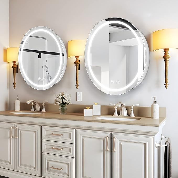 Led Round Medicine Cabinet,Bathroom Medicine Cabinet with Light,3 Color,Demister,Dimmable,Steel Constrution,White,Only for Surface Mount,28 inch