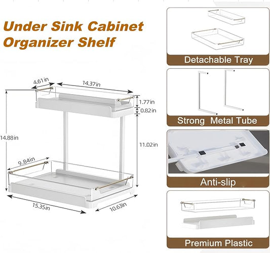 heart & home 1-Pack Under Sink Storage Organizer for Kitchen & Bathroom Cabinets with Removable Washable Tray, Tool-Free Assembly – Multi-Purpose for Kitchen Countertop, Vanity, & Laundry Room，White