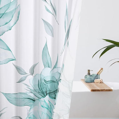 Teal Blue and Grey Boho Watercolor Floral Shower Curtain, Ink Painting Style Blossom & Leaf Shower Curtains for Chic Elegant Bathroom, Artistic Fabric Cloth Flower Shower Curtain, 72x72