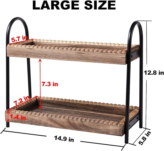 Bathroom Countertop Organizer, 2 Tier Vanity Organizer and Storage for Cosmetic Skincare Perfume, Wood Bead Storage Shelf for Bathroom Kitchen Coffee Station