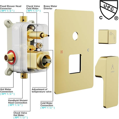 Shower System Modern Rain Brass Faucet Set With Valve and Diverter Shower Mixer With Handheld High Pressure Square Rainfall Shower Valve (12'' Wall Mount, Brushed Gold)