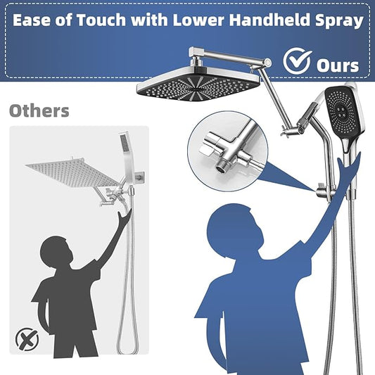 12" High Pressure Rain/Rainfall Shower Heads With Handheld Spray Combo (3+1 Settings & Built-in Power Wash Mode), Double/Dual Shower Head With Handheld - Height/Angle Adjustable(Polished Chrome)
