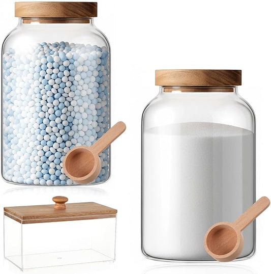 2 Half Gallon Glass Laundry Jars Set 1 Acrylic Dryer Sheet Holder Laundry Pods Container with Acacia Lid 2 Spoon for Powder Detergent Scent Beads Bath Bombs Salt Storage（No Label）