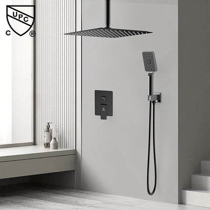 Rain Shower System 12IN Modern Brass Faucet Set With Valve and Diverter Shower Mixer With Handheld High Pressure Square Rainfall Shower Valve (12'' Ceiling Mount, Matte Black)