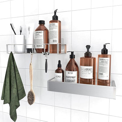 Bathroom Adhesive Shower Caddy Basket Shelf with Hooks, No Drilling Removable Bathroom Shelf Organizer,Stainless Steel Rustproof Shower Rack for Shampoo Storage, Sponge Holder-Silver