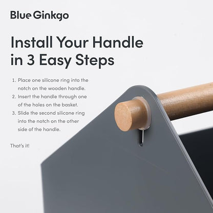 BLUE GINKGO Large Storage Basket – Plastic Caddy with Wooden Handle for Bathroom, Pantry, or Cleaning Supplies (Gray)