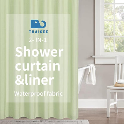 2-in-1 Waterproof Extra Long Fabric Shower Curtain or Liner,Linen Textured,84 Inch Breathable TPU & Washable Bathroom Shower Curtain Set with 12 Plastic Hooks,Modern,72"x84",Green