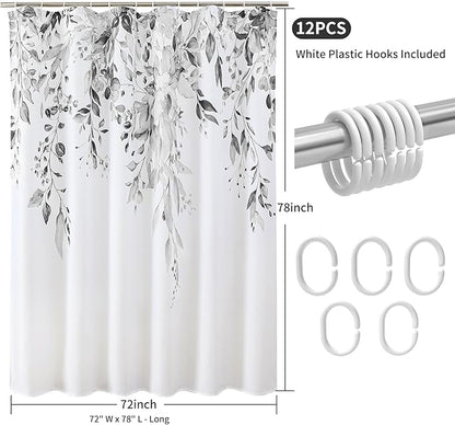 Colorful Star Grey Eucalyptus Waterproof Shower Curtain Set with Hooks, Minimalist Watercolor Floral Print Bathroom Décor, Plant Leaves Washable Fabric Shower Curtain, 72 x 78 Inch