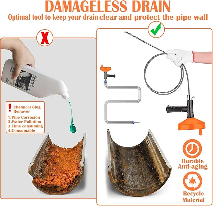 Drain Snake Auger 33 Feet, Plumbing Snake Drain Hair Clog Removal Tool, Heavy Duty Toilet Snake Auger, Sink Unclogger Drain Cleaner Tool for Bathroom Kitchen Tub Shower Drain Clog Remover with Gloves
