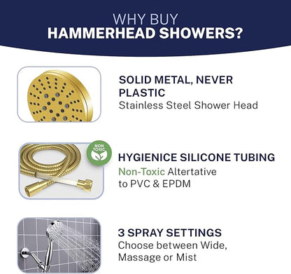 HammerHead Showers® Solid Metal 3-Spray Handheld Shower Head with Long Hose and Holder - BRUSHED GOLD - WIDE, MASSAGE, and MIST Sprays - 1.8 GPM Low Flow Handheld Showerhead - Water Saving Shower Head