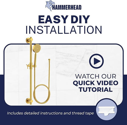 HammerHead Showers® Solid METAL 27.5 Inch Shower Slide Bar Set and Handheld Shower Head with Hose — BRUSHED GOLD — 2.5 GPM High Pressure Spray Wand — Easily Adjust Height & Angle of Handshower