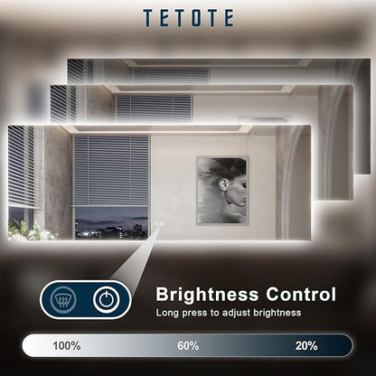 TETOTE 40 x 28 Inch LED Mirror Backlit Bathroom,Anti-Fog Mirror with Light,Dimmable,CRI90+,IP54 Water Proof,Wall Mounted Vanity Lighted,Horizontal/Vertical