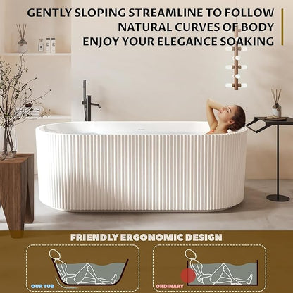 59" Free Standing Tub, Acrylic Soaking Bathtub, Stand Alone Freestanding Tub with Matte Sliver Drain and Overflow, Contemporary Bathtub for Bathroom, Pleated Gloss White