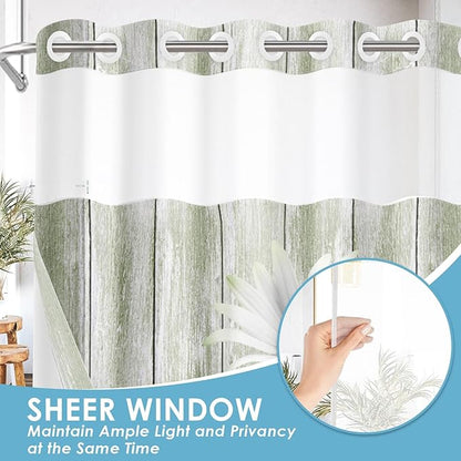 No Hook Daisy and Butterfly Shower Curtain with Snap in Fabric Liner Set, Green Rustic Farmhouse Double Layers Waterproof Fabric with See Through Top Window Open Grommet Bath Curtain 71x86 Inch