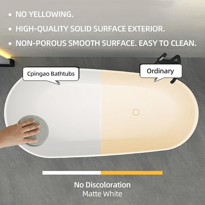Cpingao Stone Resin Solid Surface 55" Oval Freestanding Bathtub, Modern Stand Alone Soaking Tub with Overflow and Pop Up Drain, One-Piece Molding Matte White 8828-1400