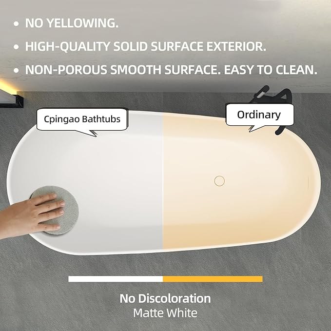 Cpingao 59" Solid Surface Freestanding Bathtub, Contemporary Oval Stone Resin Stand Alone Soaking Tub with Overflow and Pop Up Drain, One-Piece Molding Matte White 8828-1500