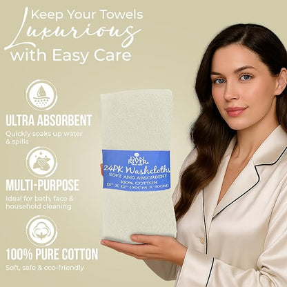 DAN RIVER 24 Pack Wash Cloths for Showering [12x12] - 100% Cotton Washcloths Premium Quality Flannel Face Cloths for Bathroom, Highly Absorbent and Soft Feel Wash Clothes, Ivory