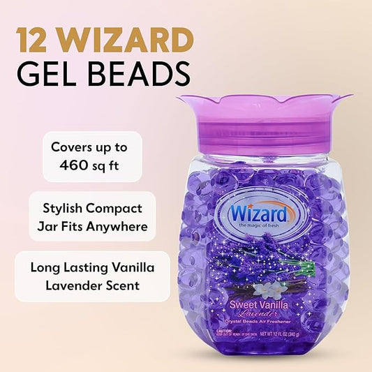12 WIZARD Odor Eliminator Gel Beads - 12 oz, Air Freshners For Bathroom. Rooms, Per Areas and Car Freshner - Sweet Vanilla Lavender