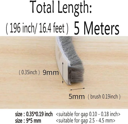 Weather Stripping Brush for Sliding Windows/Doors Frame Side,Pile Self Adhesive Weatherstrip Seal Strip Sealer Draft Stoppers (16.5ft x11/32 x 3/16 Brush inch, Grey)
