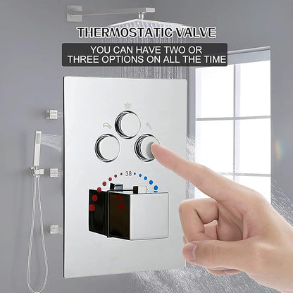 3-Function Brass Shower Diverter Thermostatic Valve Pressure Balanced Mixer with Trim in Polished Chrome,Can Use All Function At a Time
