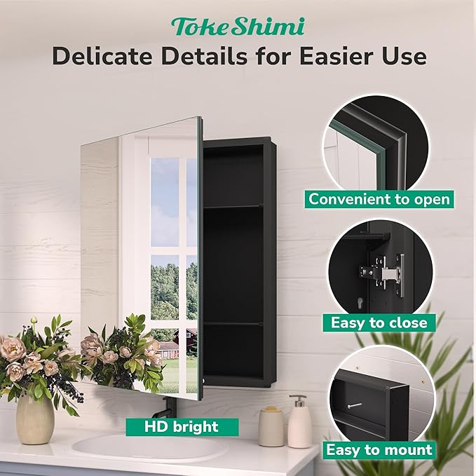 TokeShimi 64x32 Bathroom Medicine Cabinet with Mirror Tempered, Aluminum Black Mirrored Medicine Cabinet Recessed or Surface Mount with Adjustable Storage Metal for Modern Farmhouse