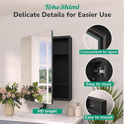 TokeShimi 48x26 Recessed Medicine Cabinet with Mirror Aluminum Black, Tempered Frameless Bathroom Mirror with Storage Adjustable, White Wall Mounted Medicine Cabinet for Bathroom Farmhouse