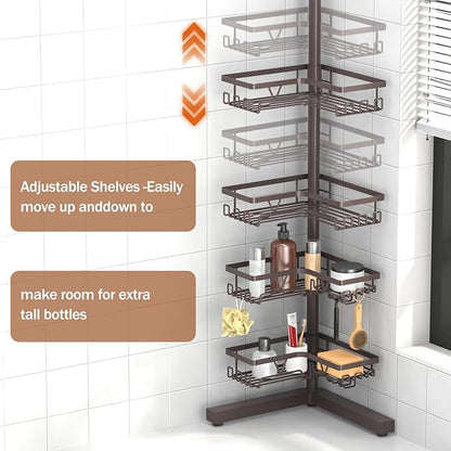 KEGII Floor Corner Shower Caddy Standing, Rustproof 4-Tier Shower Shelf Organizer with Hooks & Soap Holder, Free-Standing Bathroom Storage Rack for Shampoo & Toiletries, Bronze